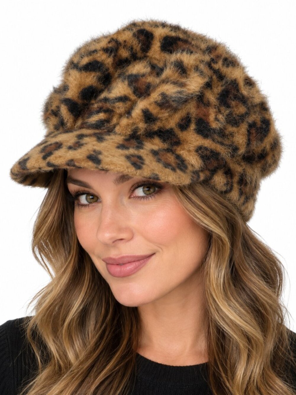 ADORA Leopard Print Angora Newsboy Hat Brown Black Cheetah One Size Fuzzy Winter